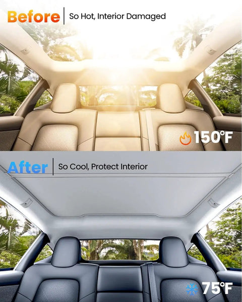 Model Y Juniper Glass Roof Sunshade Kit, Heat Insulation, Foldable 2 Pack Gray showing before and after temperature reduction inside car.