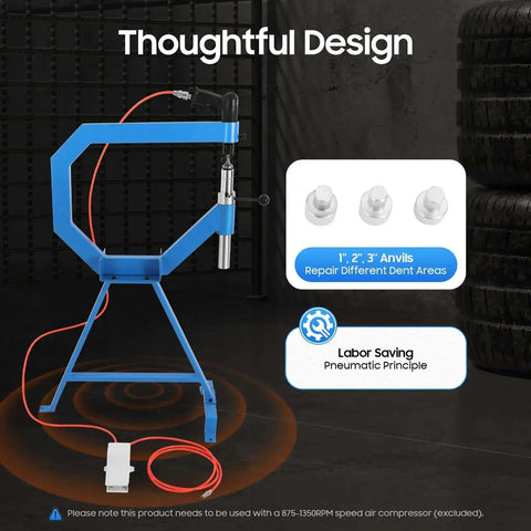 Planishing Hammer 4 Inch Pneumatic Metal Shaping Machine, blue frame, three adjustable anvils, foot pedal, for industrial fabrication