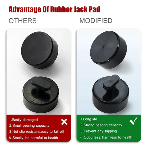 Comparison of rubber jack pads showing modified design with long life, strong capacity, and health safety advantages.