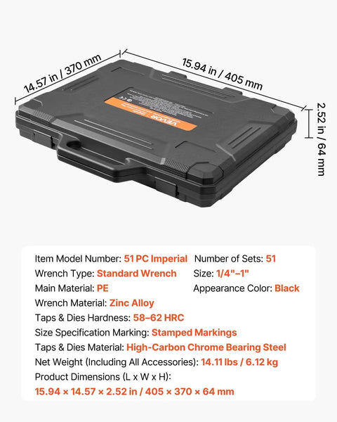 51-Piece SAE Tap And Die Set For Threading And Rethreading 1/4 To 1 Inch in Carrying Case with Product Specifications