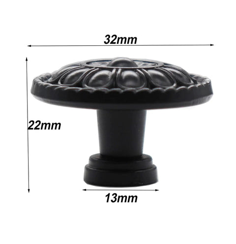 Side view of 8 Pack Black Vintage Dresser Drawer Knobs Pulls For Cabinets And Cupboards With 1.25 Inch Single Hole Hardware Zinc Alloy Handle Set Includes 16 Screws In Two Lengths 25mm And 40mm, showing dimensions.