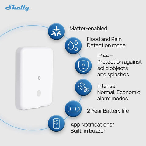 Flood Gen4 Smart Flood Sensor With Leak Cable, highlighting Matter-enabled, IP44 protection, and 2-year battery life features.