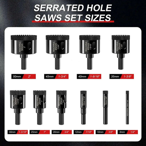 Front view of 10-piece Diamond Hole Saw Set Serrated Brazing Core Drill Bits for Ceramic Glass Tile Granite and Marble