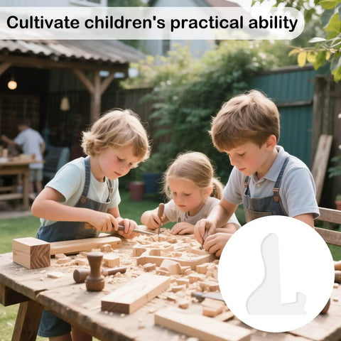Children woodworking outside with tools, surrounded by wood shavings, highlighting the development of practical skills.