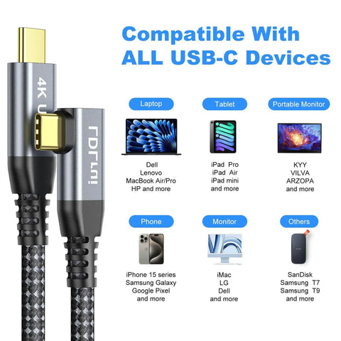 Plug And Play Right Angle USB C Monitor Cable 6ft 2 Pack 4K 60Hz Display With 20Gbps Data Transfer And 100W Charging USB 3.2 Gen2x2 for devices