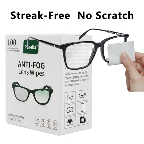 Anti Fog Lens Wipes For Glasses Goggles And Screens Pre Moistened 100 Count with box and hand using wipe on glasses
