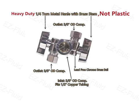 No-Fuss Brass Three-Way Angle Stop Valve With Dual Outlets, Two Handles, Quarter Turn, Five-Eighths Inch Inlet Details
