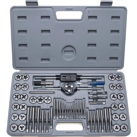 Ultimate 60 Piece Master Tap And Die Set With Inch Sizes From Four To One Half Inch And Metric M3 To M12 Coarse And Fine Threads Includes Complete Accessories Storage Case Built From Pro Grade GCr15 Bearing Steel For Durability And Precise Cutting in gray case