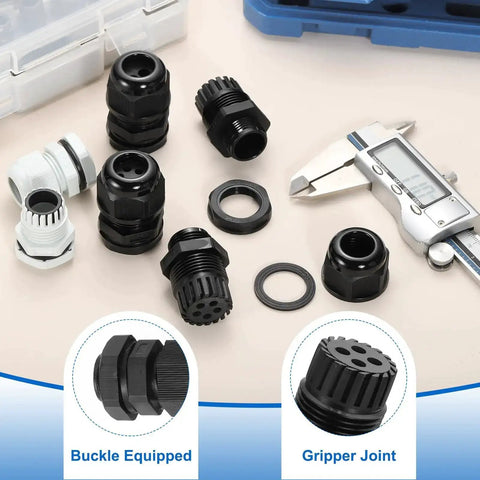 Assorted black nylon 4 Pack M16 Cable Gland Waterproof Nylon Joint For 2 To 3mm Cables, tools, and O-rings on table.