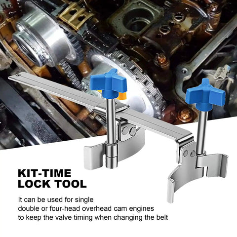 Saihisday timing lock tool kit for camshafts; stainless steel clamps with blue cross-shaped knobs, front view.