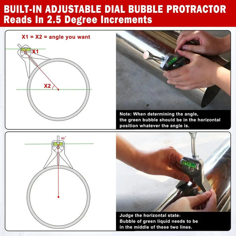 Versatile Pipe Center Finder Anblak Pipe Fitting Tool With Centering Head And Dial Bubble Protractor in use on a metal pipe