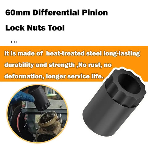 60mm Differential Pinion Lock Nut Tool for ATV maintenance, heat-treated steel, shown installed on Honda ATV differential.