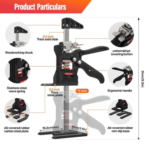 Diagram of Drywall Lifter And Furniture Jack 12 Inch 400lb 2 Pack With Dual Descent Switch showing components and features.