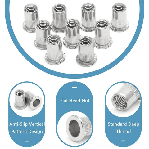 Pro-Grade 20-Pack DIY-Friendly 304 Stainless Steel Threaded Rivet Nuts 5/16-18 UNC Flat Head Knurled Body 0.71 Inch Length
