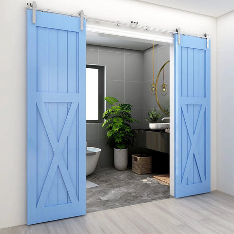 16 Feet Sliding Barn Door Hardware Kit Heavy Duty Stainless Steel Track Brushed Nickel For Double Wood Doors, installed in bathroom