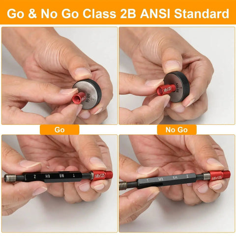 All In One 50 Piece Nut And Bolt Thread Checker Kit With 27 SAE And 23 Metric Sizes Detachable gauges being used to check threads