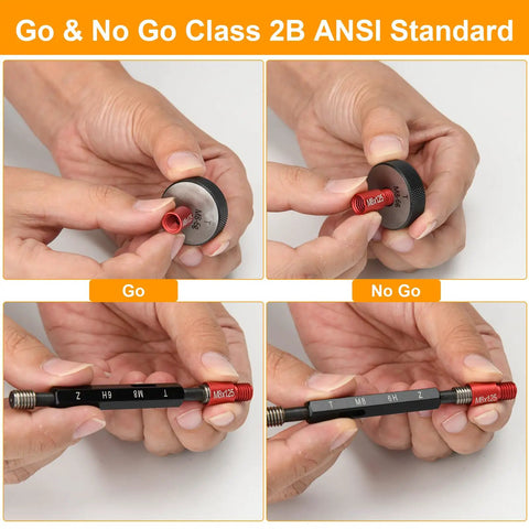 Hands holding Go and No Go gauges from All In One Nut And Bolt Thread Checker Kit 50 Pcs SAE And Metric Detachable Size Finder.