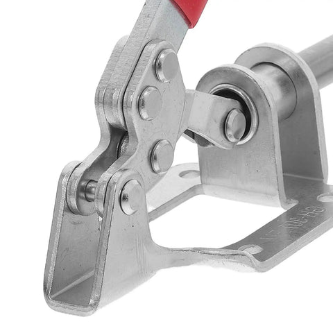 Close-up of Heavy Duty Toggle Clamps 4 Pack Quick Release Push Pull Workholding Fixtures for woodworking and carpentry projects.