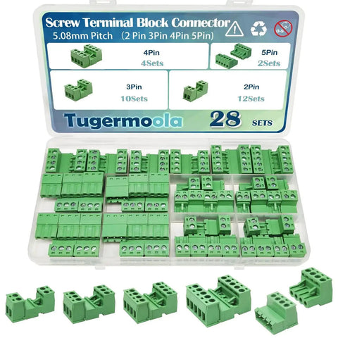 28 Sets Screw Terminal Block Connector Assortment Kit With 5.08mm Pitch Pro Grade Quality Includes 2 Pin 3 Pin 4 Pin 5 Pin Connectors For 24 To 12 AWG Cable On PCB OLA007