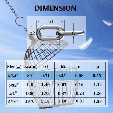 304 Stainless Steel Heavy Duty Link Chain For Hanging Safety And Anti Theft, dimensions table, and birdcage background.
