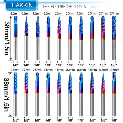 Pro Grade Carbide Rotary Burrs Set 20 Piece With 1 Eighth Inch Shank Nano Blue Coated Ball Nose End Mills Double Cut