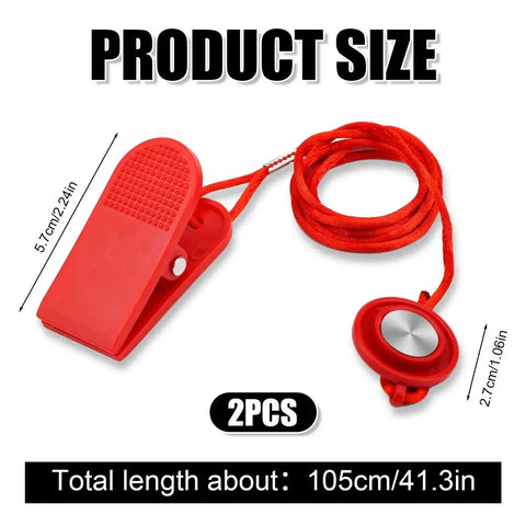Red Two Pack Universal Treadmill Magnetic Safety Key Replacement Stop Magnet with dimensions and cord length details