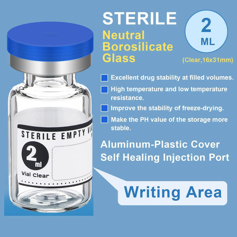2 ml sterile empty glass vial with blue cap and Sterile Empty Vial label on blue background.