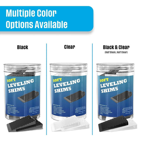 Non Slip Rubber Furniture Levelers Shims jars in black, clear, and black & clear, showing 32 Piece Jar, 2 Inch Cuttable Wedges
