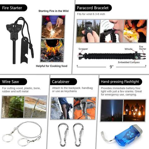 Survival Kit Backpack Prepper Ready With 151 Piece Emergency Gear including fire starter, paracord bracelet, wire saw, carabiner.