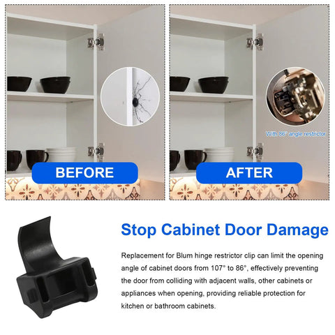 Premium 50 Pack Cabinet Hinge Restrictor Clips For Blumotion Compact Hinges 86 Degree Opening Soft Close Hinge Limiter Clips For Frameless Kitchen Cabinets Doors 38C315B3 Compatible installed in cabinet