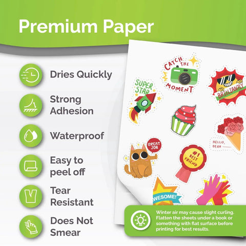 Premium Printable Vinyl Sticker Paper For Inkjet And Laser Printers With 56 Self Adhesive Matte White Sheets Waterproof Quick Dry Vivid Colors That Hold Ink Well Tear Resistant For Indoor Outdoor Use AgoDeo shown with sticker designs and features like waterproof and strong adhesion.