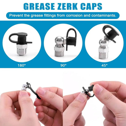 Hands installing caps on grease zerks from 337 Piece SAE And Metric Grease Fittings Replacement Kit With One Quarter Inch And One Eighth Inch Zerk Fittings, M6 And M10, Straight, Forty Five And Ninety Degree, Plastic Fitting Caps, Wrench Kit Seven To Eleven Millimeter, Two Piece Red Multi Tools.