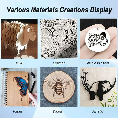 Display of various engravings on materials including MDF, leather, stainless steel, paper, wood, and acrylic using 4W Laser Engraver Module With Adjustable Focus For DIY Wood Paper Leather Projects, 450nm Class 4 Laser Head, Narrow Engraving Line, Easy Setup, Cuts Through 1 To 2 Millimeter Material, Great For Home Makers Hobbyists And Small Workshops.