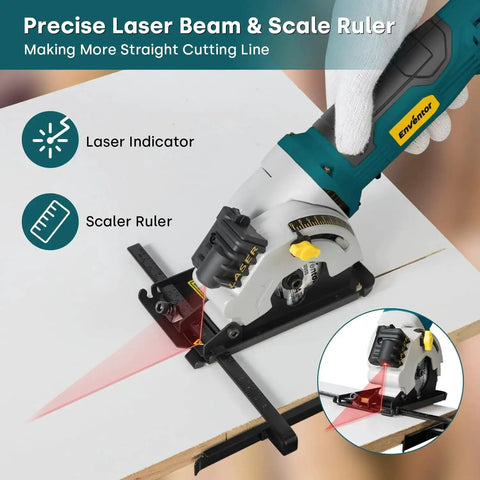 Compact Enventor Mini Circular Saw With Laser Guide Corded 4.8 Amp 4000 RPM in use on white board showing laser indicator and scale ruler.