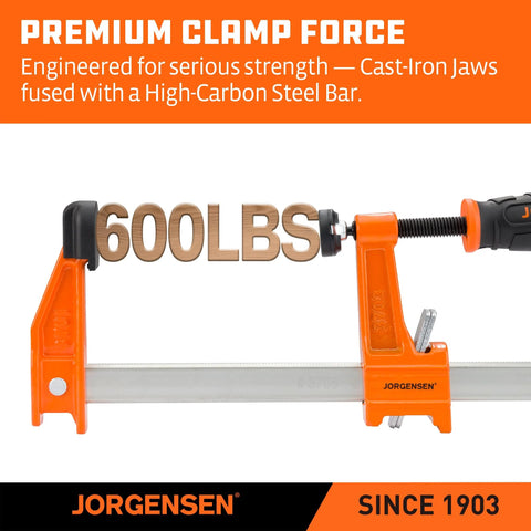 Jorgensen steel bar clamp, orange F-clamp with 600 lb capacity for woodworking