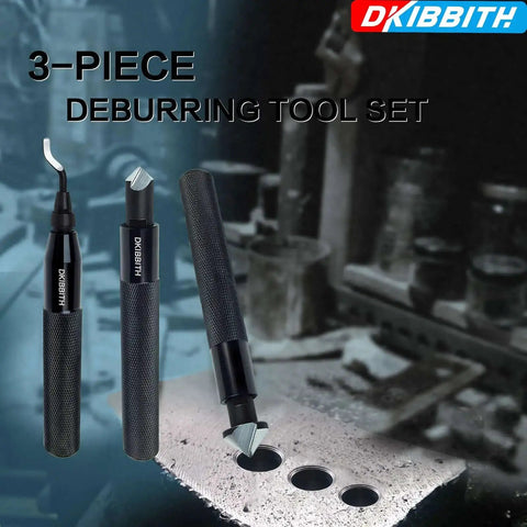 3-Piece deburring tool set with two handles and silver blades for metal and plastic surface finishing.