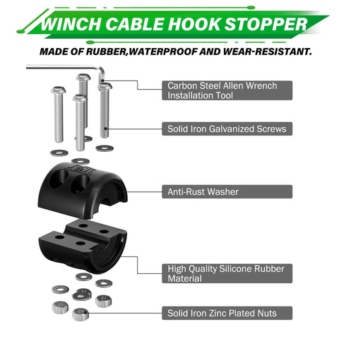 Synthetic Winch Rope Kit For ATV UTV And Off Road Vehicles One Quarter Inch By Fifty Foot 10000 Lbs With Protective Sleeve Heavy Duty Hook Rubber Stopper And Reflective Safety Pull Strap Green components including screws and rubber stopper.