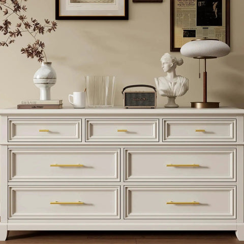 White dresser with brushed gold cabinet handles 10 pack 3 inch stainless steel drawer pulls installed, 76mm hole centers.