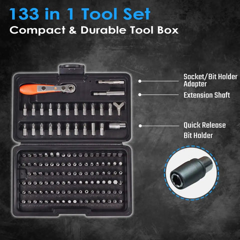 133In1 Mini Ratchet Wrench Screwdriver Bit Set With Quarter Inch Hex Shank Magnetic Bit Holder and 90 Degree Drive Handle in case