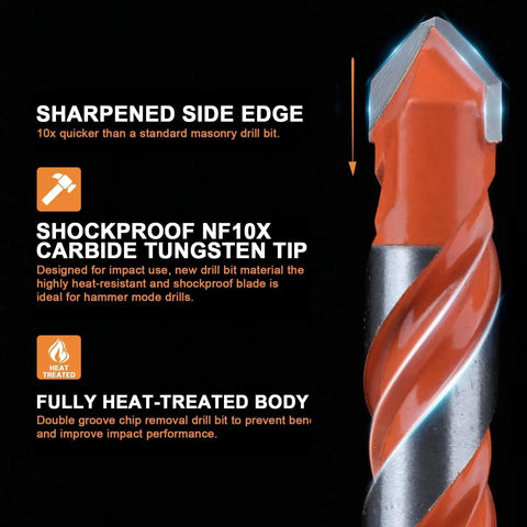 Close-up of Built To Last Concrete Carbide Drill Bit Set With Hex Shank For Masonry Tile Glass Brick Plastic And Cement 5/32 To 1/2 Inch 10 Pieces High Speed Cooling For Long Life And Fast Drilling showing carbide tungsten tip and features.