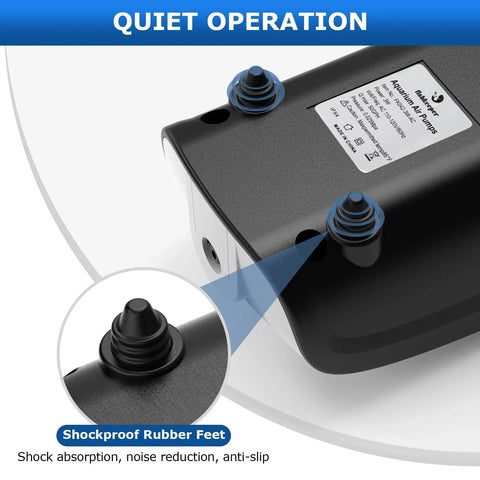 Shockproof rubber feet of Ultra Quiet Dual Outlet Aquarium Air Pump for 1 to 160 Gallon Tanks with air stone, check valve, Y splitter.