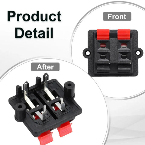 Front and side view of 4 Way Spring Terminal Clip Push Release Connector Plate Jack Socket Speaker Terminal Strip Block Jointing Clamp Test Clip WP4-03B 5Pcs.