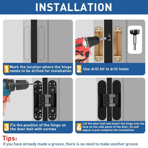 Installation guide for Hidden Door Hinge Set Black 7 Inch 3 Way Adjustable Concealed Zinc Alloy Invisible Hinge showing steps and tools.