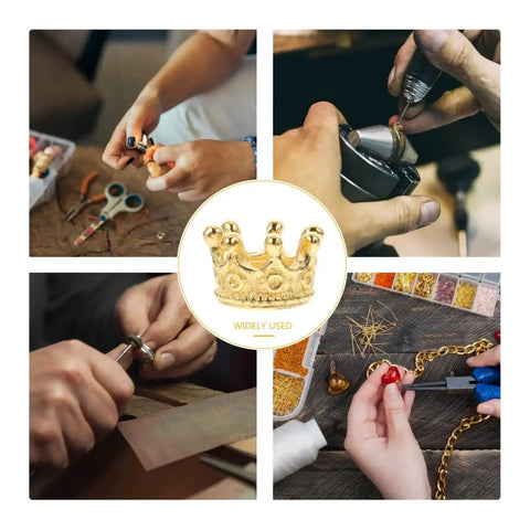 Dope Vintage Style Crown Charms Set with 50 Pcs Alloy Gold Tone Pendants, shown in various jewelry-making settings