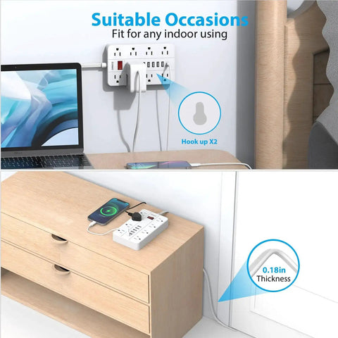 Power Strip With USB Ports And Surge Protector, Flat Plug, Eight Widely Spaced Outlets And Six USB Ports Including USB C, Five Foot Cord, Wall Mountable Charging Hub for desk setup