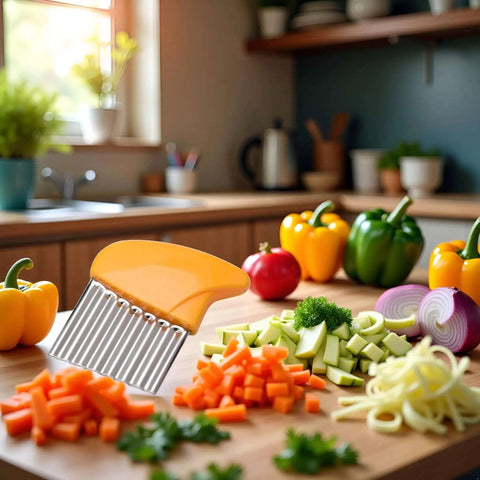 Orange Crinkle Cutter Slicer For Potatoes Carrots And Veggies, Stainless Steel Wavy Cutter on kitchen counter with sliced veggies