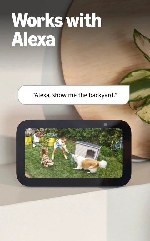 Floodlight Cam Wired Plus Outdoor Security Camera With 1080p HD And Motion Zones displayed on a smart screen with Alexa integration.