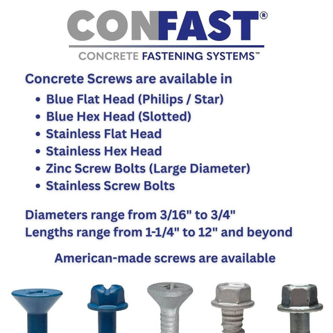 Variety of concrete screws including Blue 3/16 Inch By 1-1/4 Inch Flat Phillips Concrete Diamond Point Screw Anchor shown.