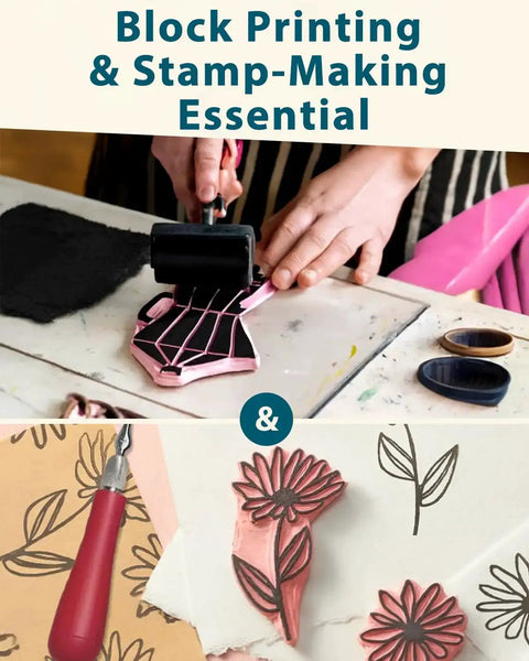 Person using brayer with All In One Printmaking And Stamp Making Kit For Beginners With Linoleum Blocks Ink and designs.