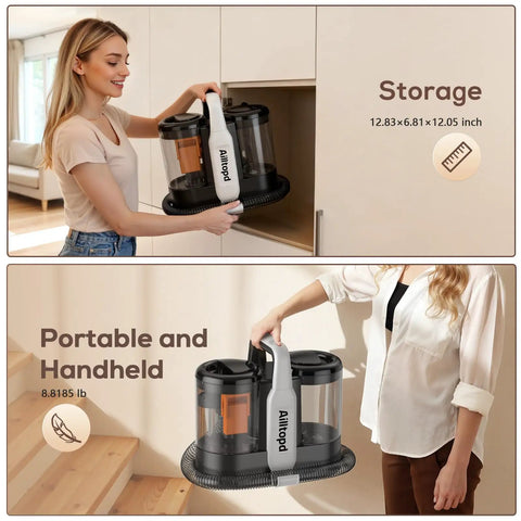 Powerful 15KPa Portable Carpet And Upholstery Cleaner From Ailltopd With Deep Stain Removal For Sofa Couch Car Seat Pet Accidents Two Brush Heads And Cleaning Solution Included stored in a cabinet and held by a person.